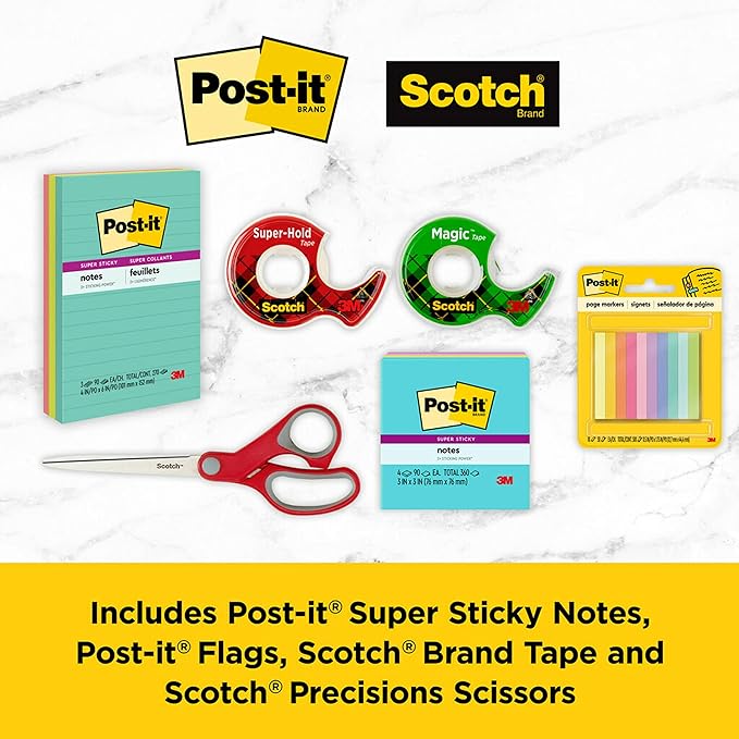 Post-it and Scotch Brand Essentials Pack, Back to School and Office Supplies, Includes Super Sticky Notes, Flags, Magic & Super Hold Tape & Multi-Purpose Scissors (Pack of 4)