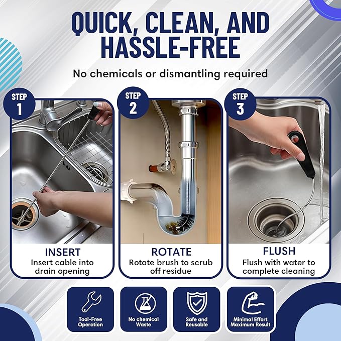 48" Flexible Long Pipe Brush | AC Drain Cleaner Tool | Sink Line Unclogger | Condensate Line Cleaning Brush | Easy Cleaning Flexible Drain Snake for Food, Hair & Clog Removal by FryOilSaver Co. B313C