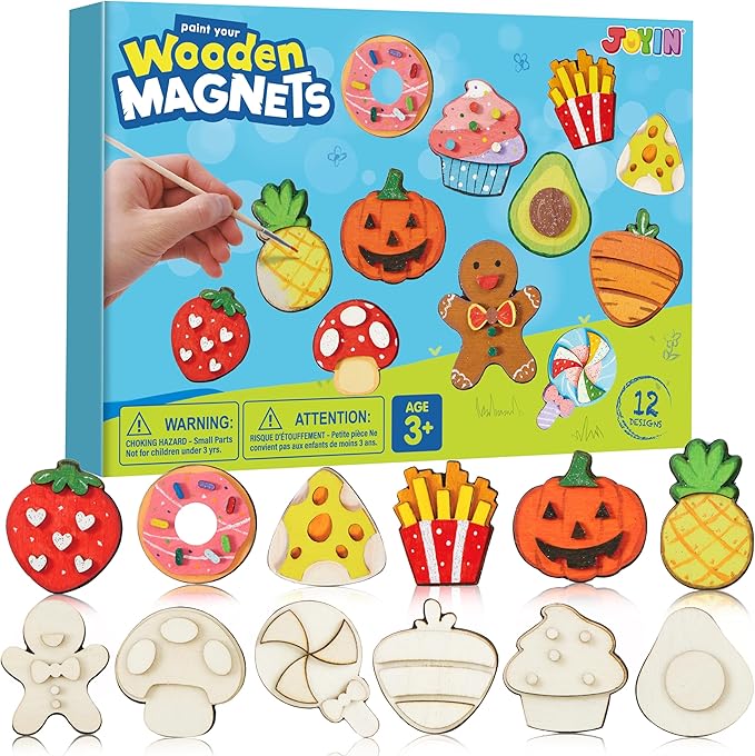 JOYIN 12 pcs Wooden Magnets, Painting Craft for Boys and Girls, Spring and Rainy Day Activities Kit, Craft Toys Gifts for Kids Birthday Easter