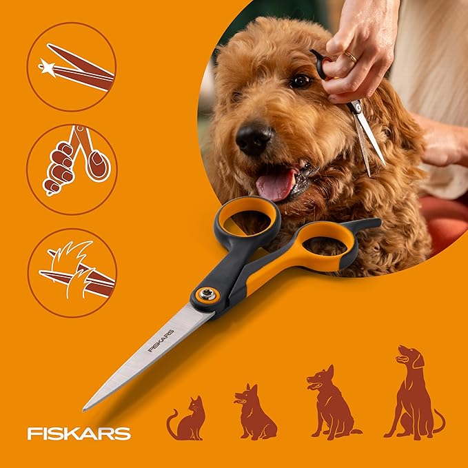 Fiskars Pet, Dog & Cat Grooming Scissors, Precision Stainless Steel Blades & SoftGrip Handle, Cat and Dog Supplies, 6.75”, Orange/Black, Trimming Scissors