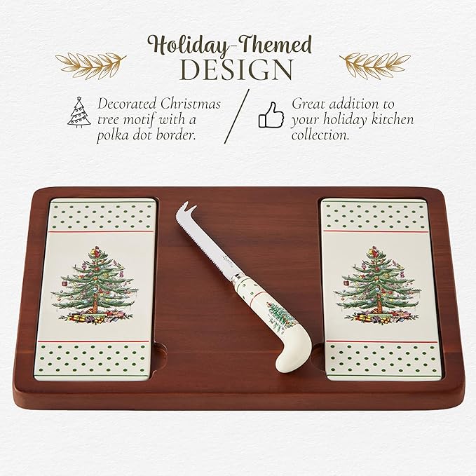 Spode Christmas Tree Cheese Board & Knife Set, Polka Dot - Holiday Entertaining, Charcuterie & Cracker Tray, Seasonal Serveware - Christmas Table Setting & Cheese Presentation