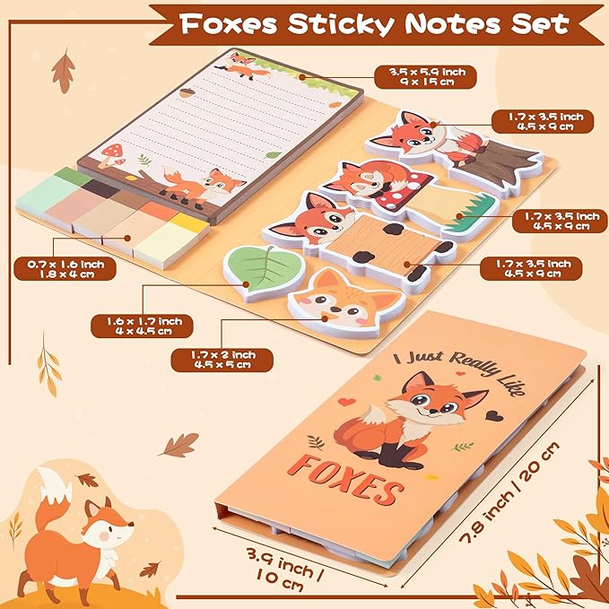 B1ykin Cute Sticky Notes Set - I Just Really Like Foxes Self-Stick Notes Pad, 550 Sheets Writing Memo Pages Sticky Notepad for Teacher Appreciation Gifts, School Office Party Supplies (Adorable Foxes)