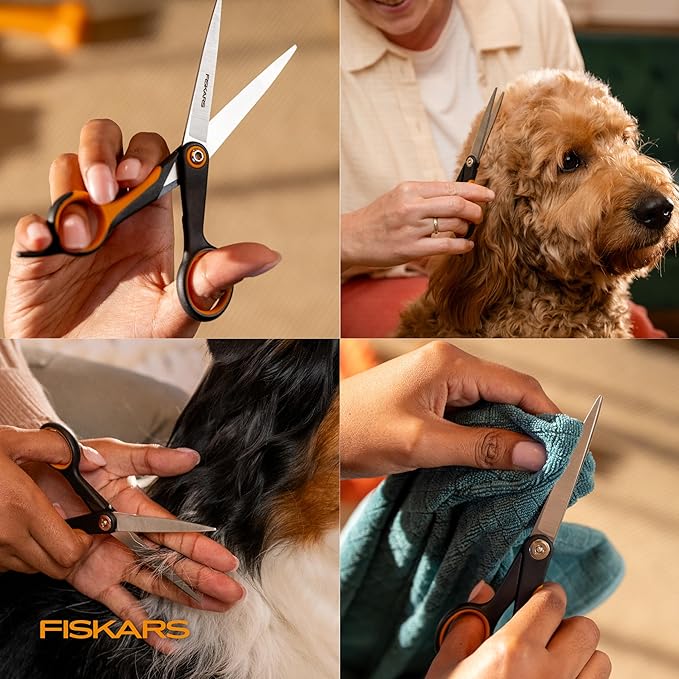 Fiskars Pet, Dog & Cat Grooming Scissors, Precision Stainless Steel Blades & SoftGrip Handle, Cat and Dog Supplies, 6.75”, Orange/Black, Trimming Scissors