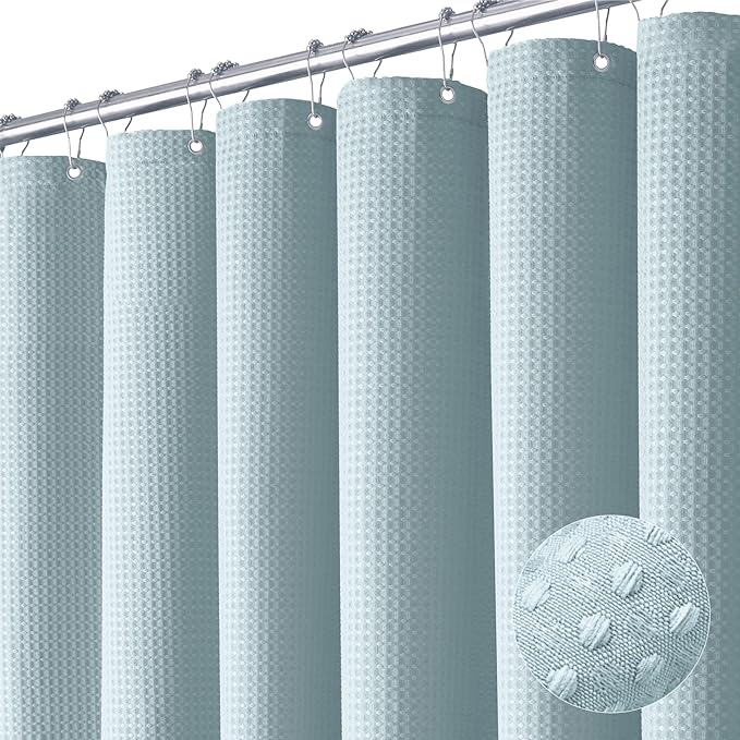 Dynamene Extra Wide Shower Curtain - 180 Inch Wide Waffle Weave Weighted Thick Cloth Bathroom Shower Curtain, Neutral Heavy Duty Hotel Bath Curtain Set with 32 Plastic Hooks, 180x72, Fog Blue