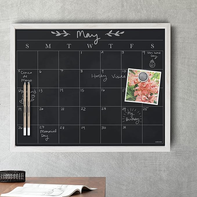 U Brands White Wash Frame Chalkboard Calendar White Board Set, Office Supplies, with Magnet, Chalk Pencils 16” x 20”, 4 Pieces