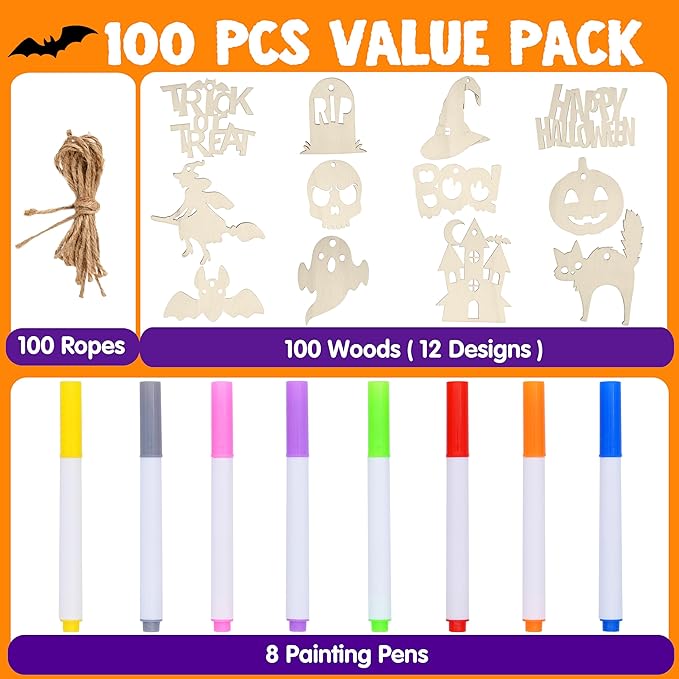JOYIN 100 Pcs Halloween Craft Wooden Painting Kit, Halloween Party Supplies, Party Favors for Kids, Wood Blank Cutouts Ornaments, Gift Tags Decor for School Art DIY Activities Goodies Games
