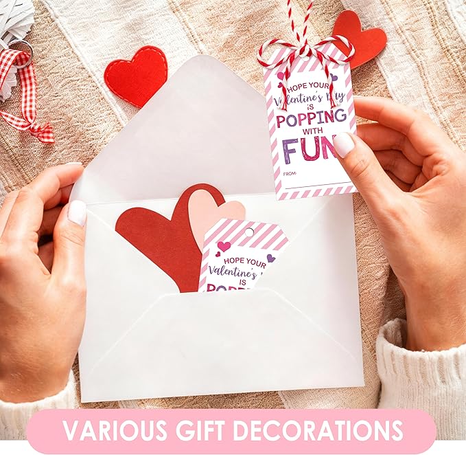 50 Pcs Have A Poppin Valentines Day Sticker Label, Valentine Gift Tags with String, Gift Label Idea Valentines Activity Party Favors-Pink White