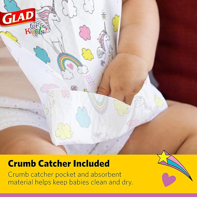 Glad for Kids Unicorn Disposable Paper Bibs with Crumb Catcher, Absorbent Leakproof Bibs for Toddlers and Babies, Mess Free Feeding, Crafts, Parties, and Travel Use, 30 Count