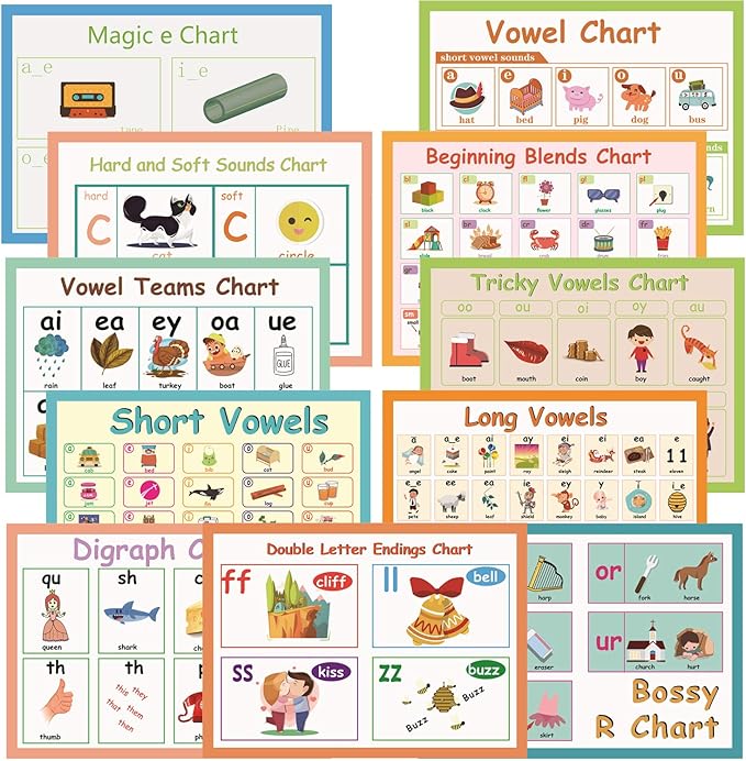 LUGMAZU 11Pcs/Set English Phonics Posters for Classroom, R Controlled Vowel Learning Wall Strip for Kids, Vowel Team Phonics Bulletin Board Set for School,Teacher Tool Supplies, 8.3''x11.7''