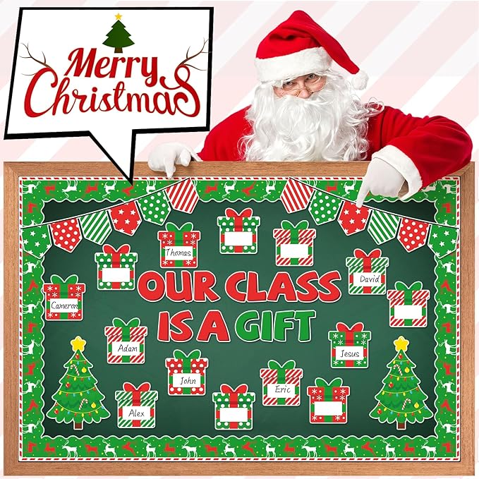 Christmas Bulletin Board Decoration Set Xmas Gift Boxes Borders Cutouts for Party School Classroom Door Welcome Bulletin Board Craft Home Wall (Our Class is a Gift)