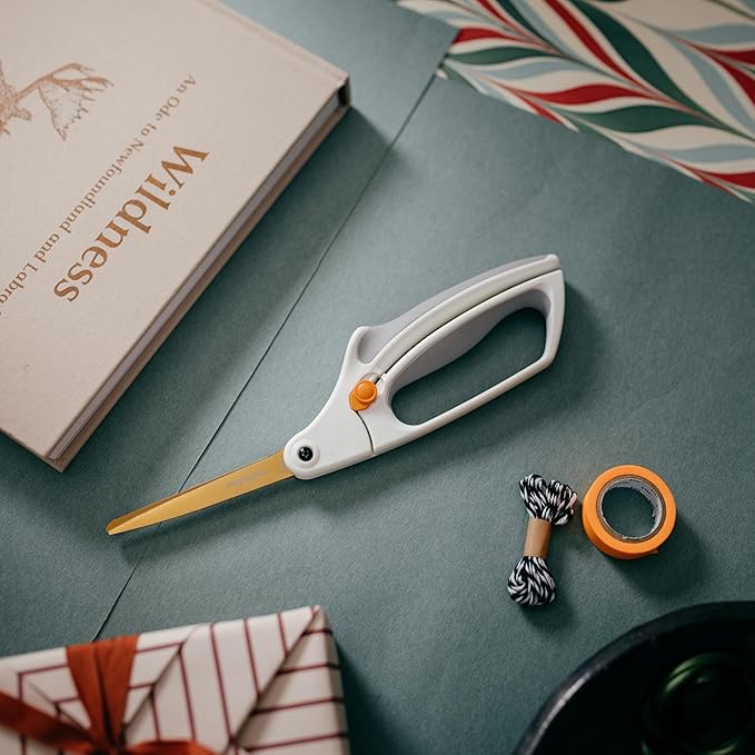 Fiskars Easy Action Titanium Scissors, Spring-Assisted Craft Scissors for Paper and Cardboard, Bent Handle Reduces Hand Fatigue, 8 Inch, White/Yellow