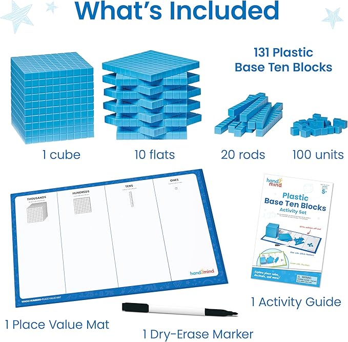 hand2mind Plastic Base Ten Blocks Activity Set, Place Value Manipulatives, Base 10 Blocks for Math, Counting Cubes, Math Manipulatives 1st Grade, Small Group Classroom Must Haves (133 Pieces)