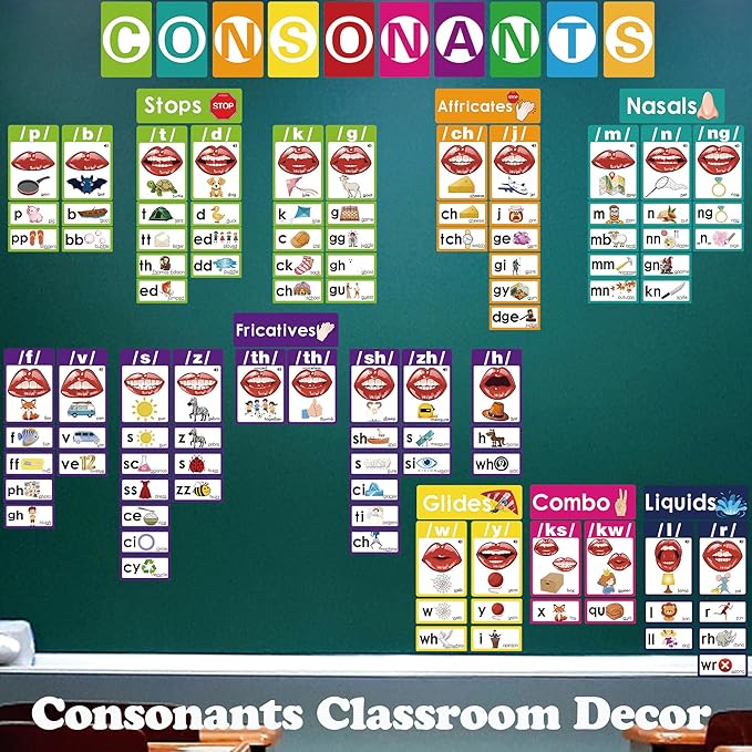 Vowel Valley & Consonants Sound Wall Classroom Phonics Set, Speech Therapy Accessories, Phonemic Awareness, ESL Teaching Material, Science of Reading Manipulatives Teaching Guide