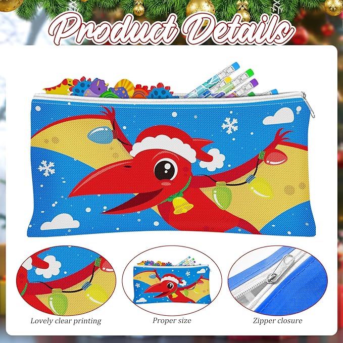 Cinrobiye 48 Pcs Christmas Dinosaur Gift Set Holiday Pencil Case Pouches Dino Pencils Erasers Xmas Party Supplies Stocking Stuffers Goody Bag Fillers Teacher Rewards Prizes Holiday Exchange Gifts