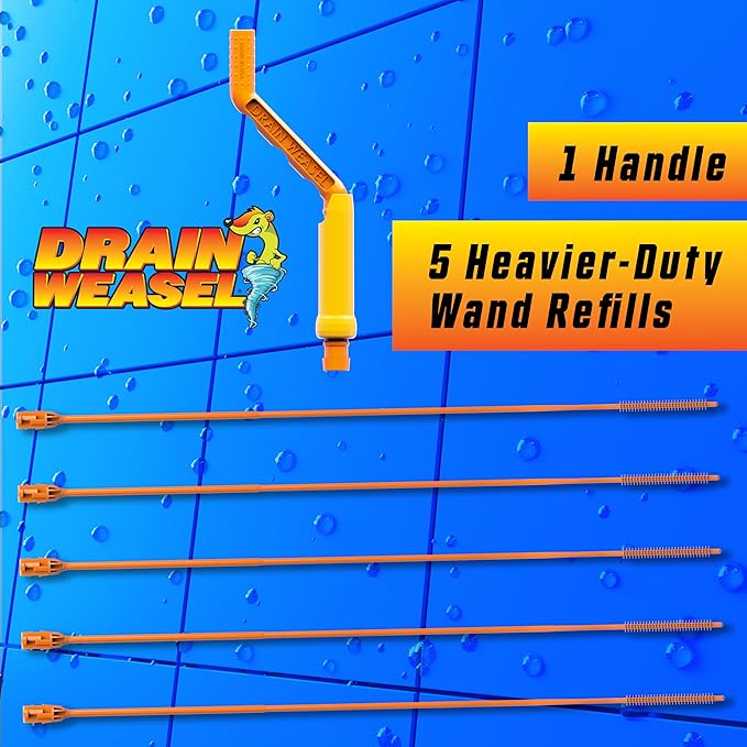 FlexiSnake Pro Drain Weasel Sink Snake Cleaner with New Molded Tip - 18″ - Drain Snake Clog Remover Tool with Rotating Handle & 5 Wand Refills - Easy to Use on Drains & Grates - Made in USA - 5-Pack