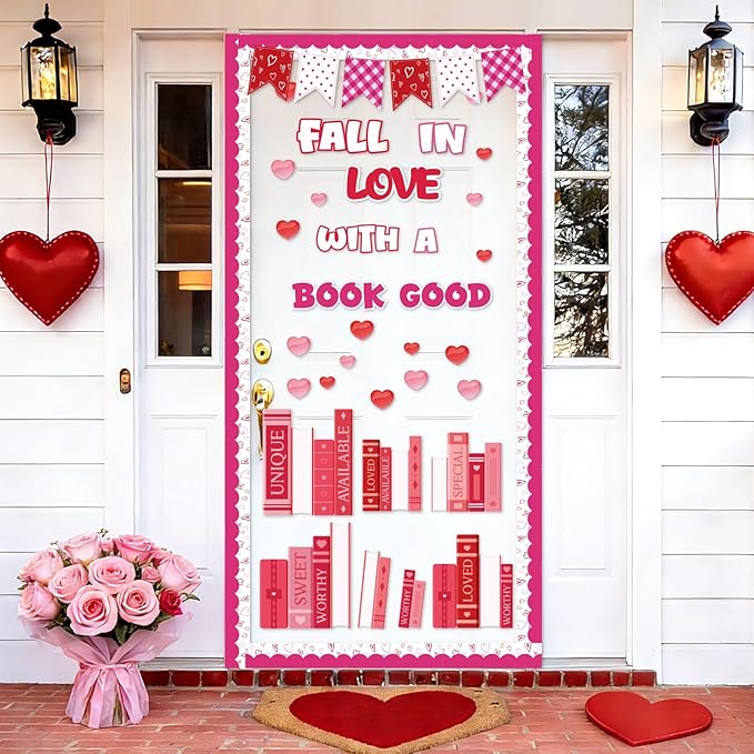 69Pcs Valentine's Day Reading Bulletin Board Decorations, Valentines Library Classroom Bulletin Board Set Heart Book Cutouts Home Window Door Wall February Party Decor for Teacher