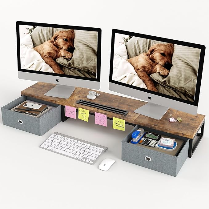 Mexin Dual Monitor Stand Riser with 2 Drawers - 39Inch Large Storage Computer Monitor Stands for 2 Monitors, Wooden Desktop Organizer Perfect for Home Office Desk, Computer, Laptop, TV, Rustic Brown