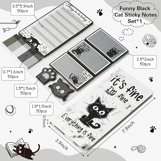 B1ykin Cute Sticky Notes Set - It’s Fine I’m Fine Everything is Fine Self-Stick Notes Pad, 550 Sheets Writing Memo Pages Sticky Notepad for Teacher Appreciation Gift School Office (Funny Black Cat)
