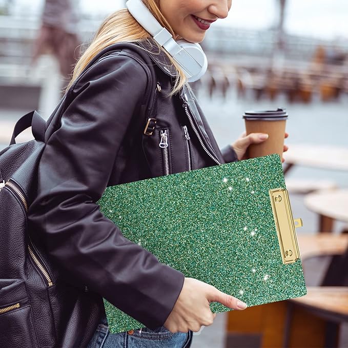 Piasoenc Acrylic Clipboards, Fashion Glitter Clip Board with Low Profile Gold Clip, Designed for Classroom School and Office Use, A4 Letter Size 9 x 12.5 in,Green