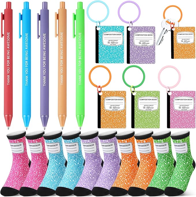 Cutecrop 15 Pcs Teacher Appreciation Gifts Bulk Valentines Funny Teacher Socks for Women Men Thank You Pens Composition Notebook Keychains for Holiday Party Supplies