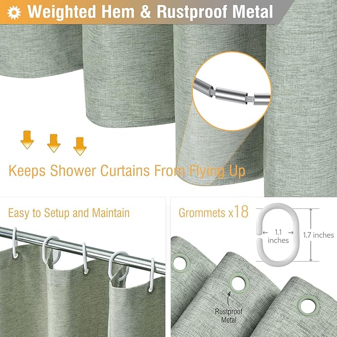 BTTN Extra Wide Shower Curtain - 108x72 Inch Linen Textured Waterproof Fabric Shower Curtain Set with 18 Plastic Hooks, Large Modern Decorative Shower Curtains for Bathroom and Bathtub - SageGreen