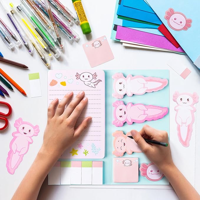 Xqumoi 2 Pack I Just Really Like Axolotl Sticky Notes Set - Animal Mexican Walking Fish Self-Stick Notes Pads Divider Tabs Bundle Writing Memo Pads Page Marker Back to School Office Supplies Gift