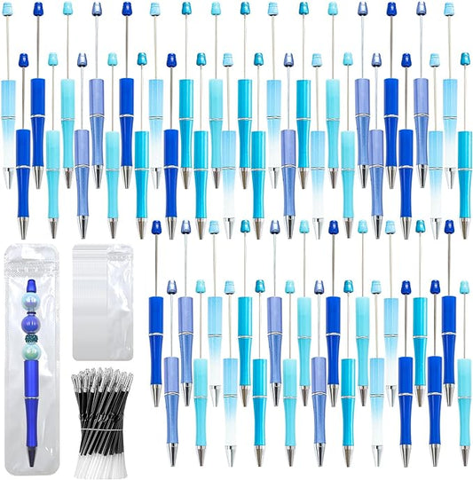 150 Pieces DIY Beadable Pen Kit – 50 Plastic Ballpoint Pens with Refills & Bags – School Supplies, Office Accessories & Decorative Items for Students & Teachers (Blue)