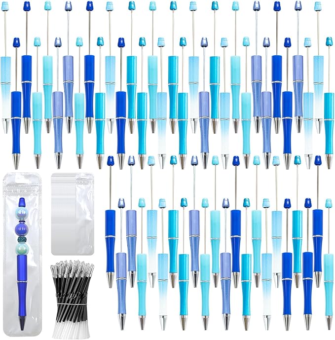 300 Pieces DIY Beadable Pen Kit – 100 Plastic Ballpoint Pens with Refills & Bags – School Supplies, Office Accessories & Decorative Items for Students & Teachers (Blue)