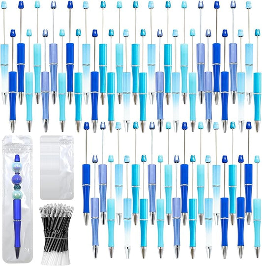 300 Pieces DIY Beadable Pen Kit – 100 Plastic Ballpoint Pens with Refills & Bags – School Supplies, Office Accessories & Decorative Items for Students & Teachers (Blue)