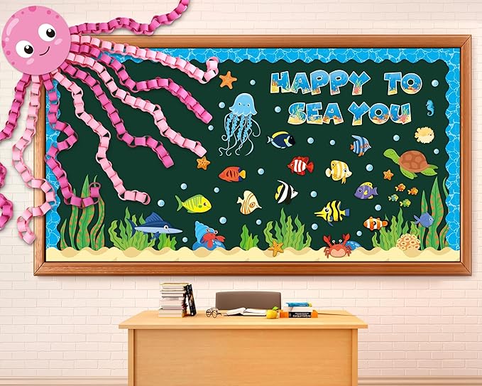 Justforjoyful 93 Pcs Sea Animal Bulletin Board Summer Classroom Decoration Under the Octopus Cutouts for Kids School Supplies Happy to Sea You Paper Wall Decor Summer Ocean Fish Cardstock Party Decor