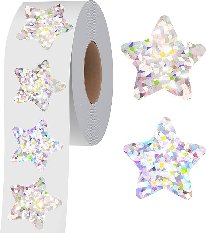 500 PCS Holographic Glitter Star Stickers, Self-Adhesive Metallic Silvery Foil Reflective Sparkly Star Stickers - Reward Behavior Chart Labels for Kids, Students & Teachers (Each Measures 1")