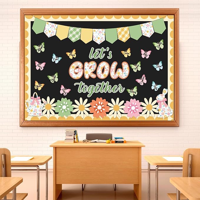 Spring Bulletin Board Decorations for Classroom - 66 Pcs Let's Grow Together Classroom Bulletin Board Set Butterfly Flower Cutouts for Spring Summer School Home Door Wall Decor Supplies