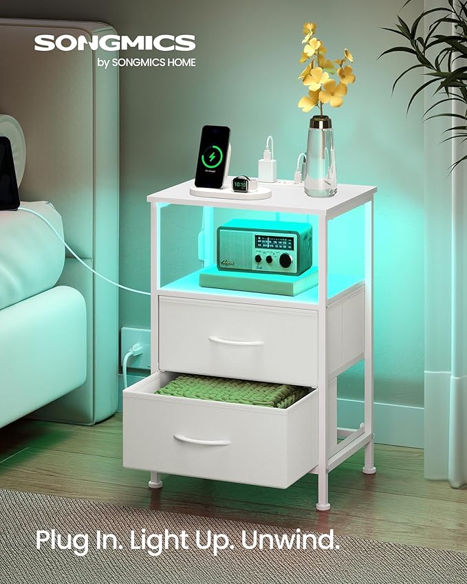SONGMICS BELLAH Collection - Nightstand with Charging Station and App-Controlled Adjustable LED Lights, Bed Side Table, 2 Drawer and 1 Open Shelf, Bedroom, Cloud White and Snow White ULGS302WH01S