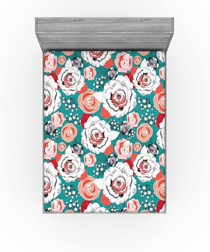 Ambesonne Floral 2 Pack Fitted Sheet, Colorful Flower Arrangements, Bed Cover All-Round Elastic Deep Pockets 2 Pieces, Package Contains 2 Full Size Fitted Sheets, Dark Seafoam Multicolor