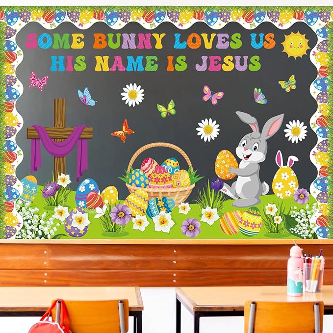 Pasimy Easter Bulletin Board Decorations Set Christian Easter Classroom Decorations Easter Bunny Egg Paper Cut Outs for School Nursery Spring Easter Birthday Party Supplies(Cross)