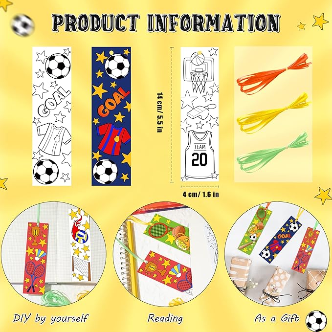 75Pcs Sports Ball Color Your Own Bookmarks for Kids Basketball Softball Theme DIY Coloring Blank Bookmark Classroom Art Craft Supplies for Teachers Students Birthday Gift Party Reward Goodie Filler