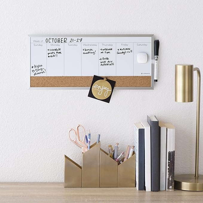 U Brands Magnetic Dry Erase/Cork Weekly Horizontal Calendar Board, 7 x 16 Inches, Silver Aluminum Frame (358U03-12)