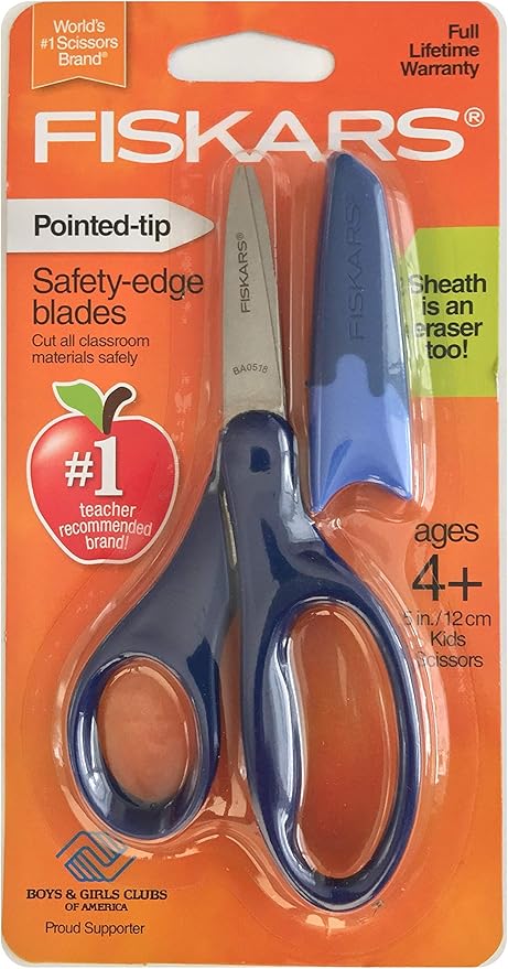 Fiskars Safety-Edge Pointed-tip Kids Scissors - 5 inches - Blue - Includes Blade Cover