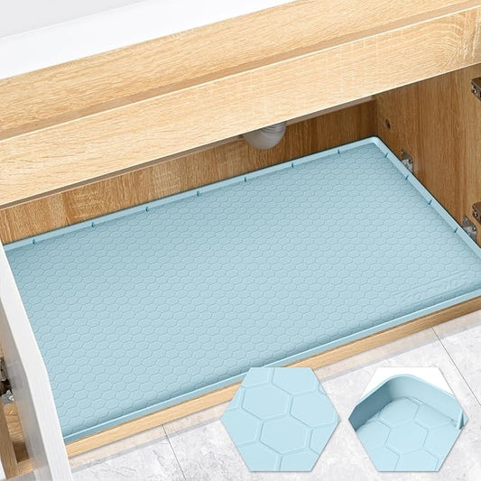 Waterproof Under Sink Mat 28" x 22", Silicone Cabinet Liner, Rubber Protector for Kitchen and Bathroom, Keeps Cabinets Clean, Dry, and Organized (Light Blue)