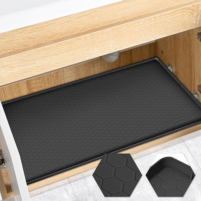 Waterproof Under Sink Mat 34" x 22", Silicone Cabinet Liner, Rubber Protector for Kitchen and Bathroom, Keeps Cabinets Clean, Dry, and Organized (Black)