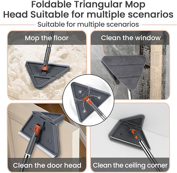 Baseboard Cleaner Tool with 84" Long Handle, 360° Wall Mop with Triangle & Rectangle Heads & 10 Reusable Pads for Baseboard, Wall, Ceiling Cleaning
