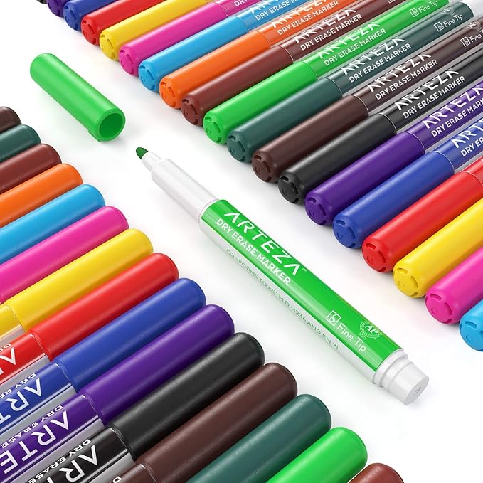 ARTEZA Dry Erase Markers Fine Tip, Bulk Pack of 36 Low-Odor Whiteboard Pens, 12 Assorted Colors for Office, Meeting Rooms & Daily Planning