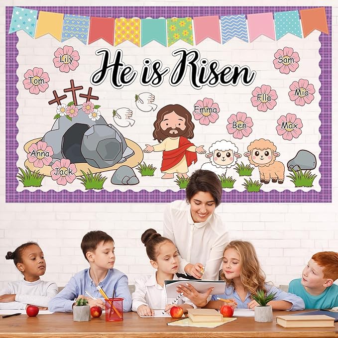 Easter He is Risen Bulletin Board Set Christian Classroom Decorations Easter Religious Jesus Cross Cutouts Flower Name Tags Purple Plaid Bulletin Board Borders for Church Sunday School Wall Door Decor