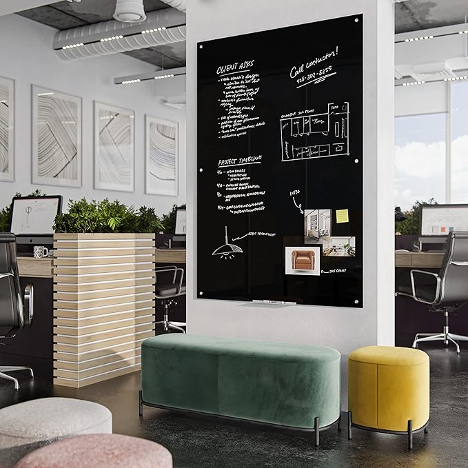 U Brands Glass Non-Magnetic Dry-Erase Board, 72" X 48" Inches, Black Surface, Frameless