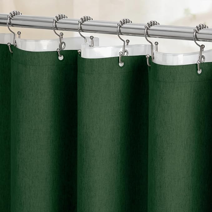 BTTN 3 in 1 Shower Curtain Set, Emerald Green Linen Textured Fabric Shower Curtain and Clear Liner Set with Plastic Hook, Modern Hotel Luxury Weighted Waterproof Shower Curtain for Bathroom, 72x72