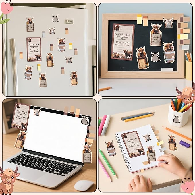 B1ykin Cute Sticky Notes Set - I Just Really Like Highland Cow Self-Stick Notes Pad, 550 Sheets Writing Memo Pages Sticky Notepad for Teacher Appreciation Gift, School Party Supplies (Wildflower Cow)