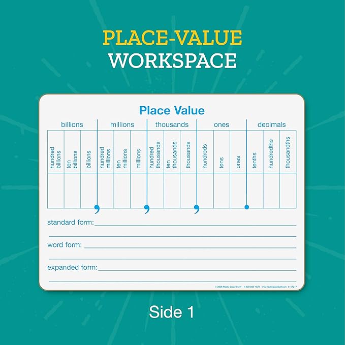 Really Good Stuff Place Value Dry Erase Boards, 12" by 9" -Set of 6- Help Students Write Large Numbers in Standard, Word, Expanded Forms, Double-Sided Practice Boards