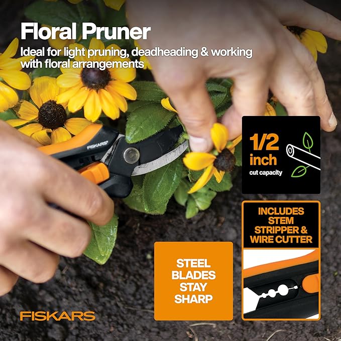 Fiskars 5-Piece Flower Gardening Essentials Set, Floral Pruner, Trowel, Cultivator, Gloves & Kneeling Cushion, Easy Action Bypass Blade with Wire Cutter & Stem Stripper, Lightweight Rustproof
