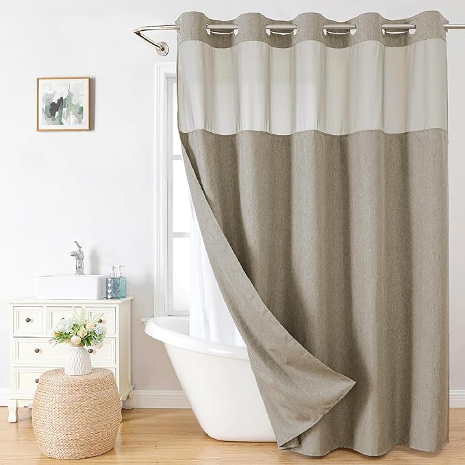 Extra Long No Hooks Needed Linen Textured Shower Curtain with Snap-in Fabric Liner Set,Hotel Luxury Decor Shower Curtains for Bathroom,Waterproof & Washable,71Wx86H,Khaki/Tan