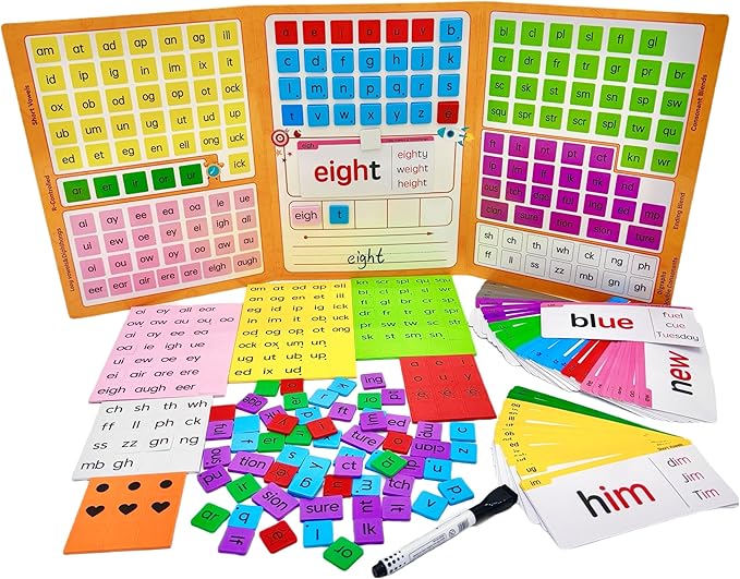 Phonics Word Building Magnetic Tiles Set, Phonics Manipulatives, Magnetic Letter Tiles, Educational Learning Kit with 239 Foam Tiles, 90 Cards, Magnetic Folder